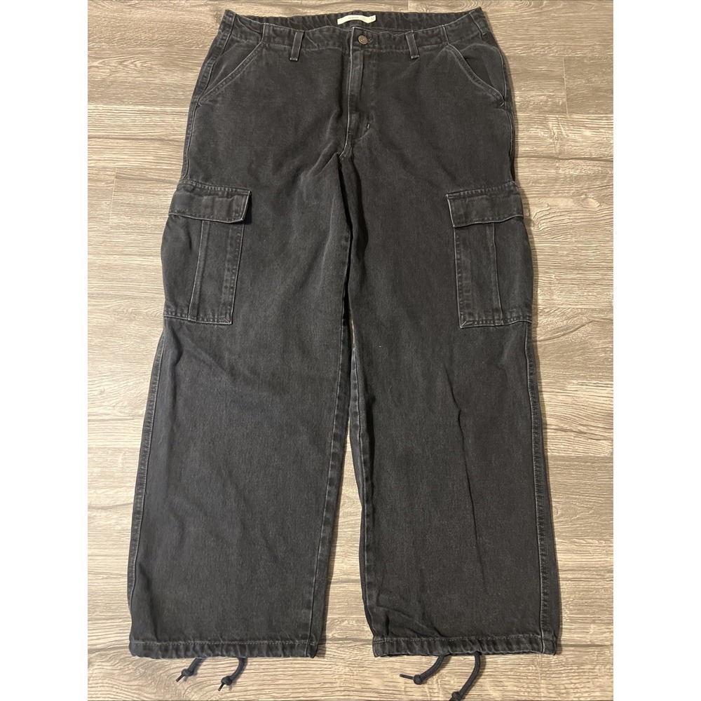 Levi's '94 Baggy Black Loose Fit Cargo Jeans Drawstring Leg Size 32 (36x30)